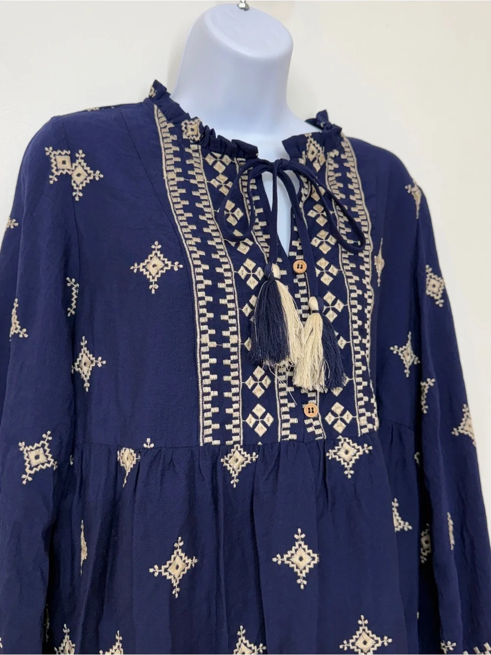 NWT Camellia Embroidered Boho Mini Dress - Size S Tassel Tie Neck- Navy - Picture 5 of 13
